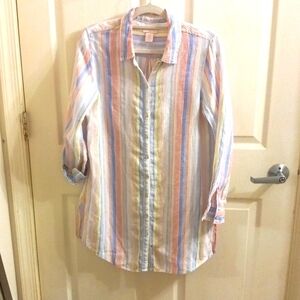 100% Linen St. Tropez Lg. Women's Top/Blouse/Shirt/Tunic Pastel Stripes EUC